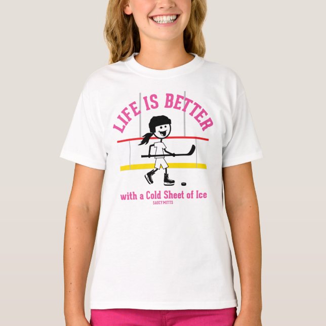 Life is Better Girl Hockey Player Cartoon Pink T-Shirt (Front)