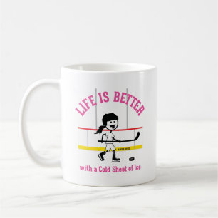 Life Is Better Girls Cartoon Hockey Player Pink Coffee Mug
