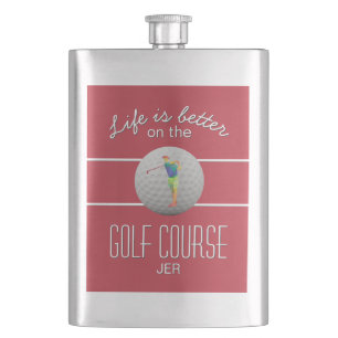 Life is Better Golf Polygonal Golfer Initials Red Hip Flask