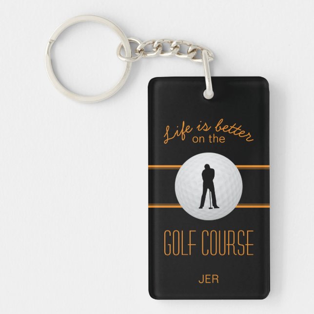 Life is Better Golfer Monogram Black Orange Custom Key Ring (Front)