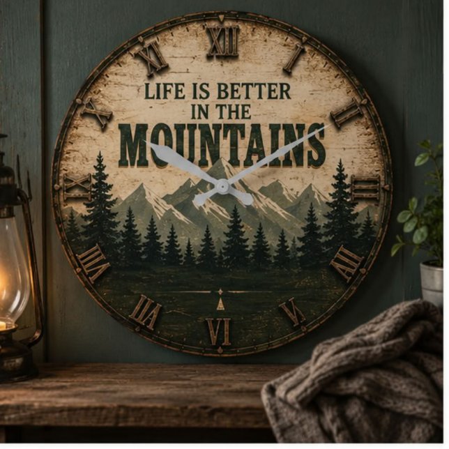 Life Is Better in the Mountains Mountain Forest Large Clock (Creator Uploaded)