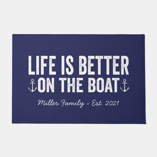 Life is Better On the Boat Family Name | Navy Doormat (Front)