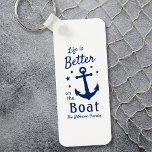 Life Is Better On The Boat Family Name Stars Key Ring<br><div class="desc">A stylish nautical themed 2 sided keychain with brush script and regal typography reading "Life is Better on the Boat" along with your family name, boat name or other desired text. This design features a classic boat anchor and five stars. Colours are classic navy blue on white or easily customise...</div>