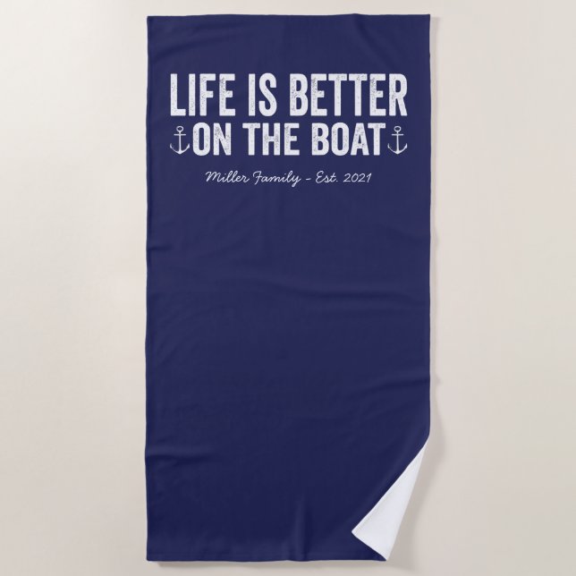 Life is Better On the Boat Name | Navy Beach Towel (Front)