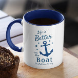 Life Is Better On The Boat Nautical Family Name<br><div class="desc">A stylish nautical themed 2 tone coffee mug with brush script and regal typography reading "Life is Better on the Boat" along with your family name, boat name or other desired text. This design features a classic boat anchor and five stars. Colors are classic navy blue on white. Makes a...</div>