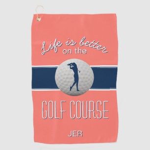 Life is Better Quote Golf Monogrammed Coral Golf Towel