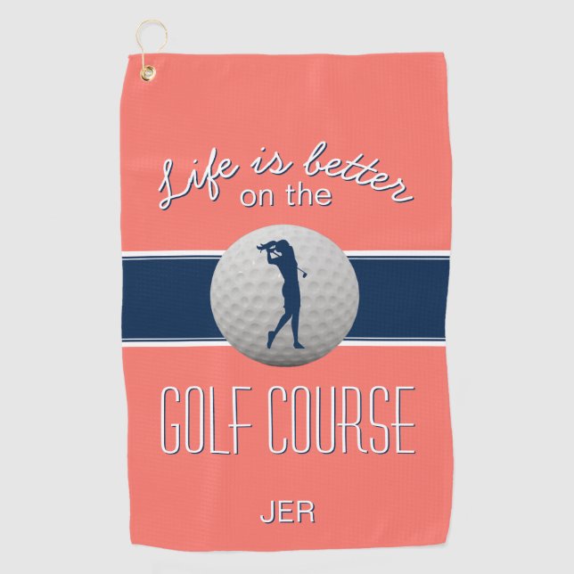 Life is Better Quote Golf Monogrammed Coral Golf Towel (Front)