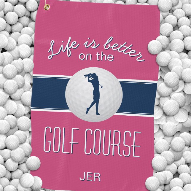 Life is Better Quote Golf Monogrammed Hot Pink Towel (Life is Better Quote Golf Monogrammed Hot Pink Golf Towel)