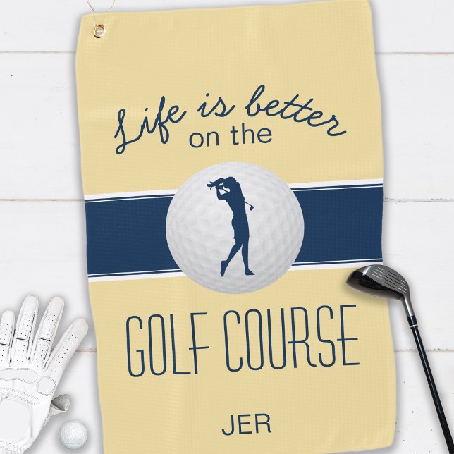 Life is Better Quote Golf Monogrammed Yellow Blue Golf Towel (Creator Uploaded)
