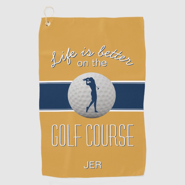 Life is Better Quote Golf Monogrammed Yellow Blue Towel (Front)