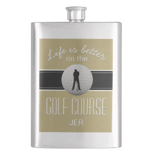 Life is Better Quote Golfing Monogram Gold Black Hip Flask