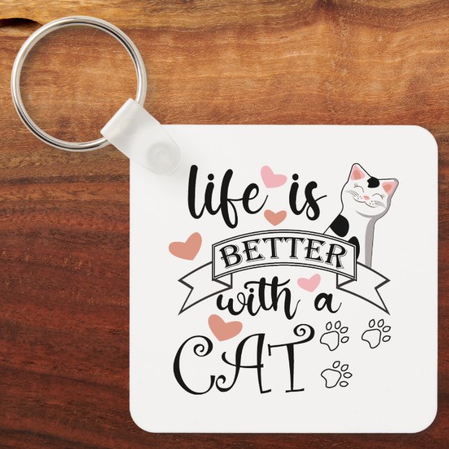 Life is Better With a Cat quote slogan Key Ring (Front)