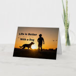 Life Is Better With a Dog, young boy, sunset  Foil Greeting Card<br><div class="desc">Life Is Better With a Dog,  young boy,  sunset</div>