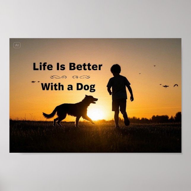 Life Is Better With a Dog, young boy, sunset  Poster (Front)