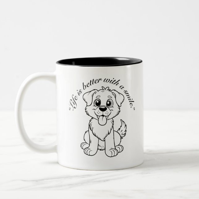 Life Is Better With a Smile,Cute Dog Two-Tone Coffee Mug (Left)