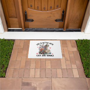 Life is better with Cats and Books Funny Cat Doormat