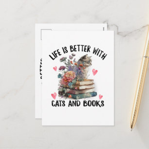 Life is better with Cats and Books Funny Cat Holiday Postcard