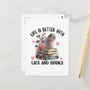 Life is better with Cats and Books Funny Cat Postcard