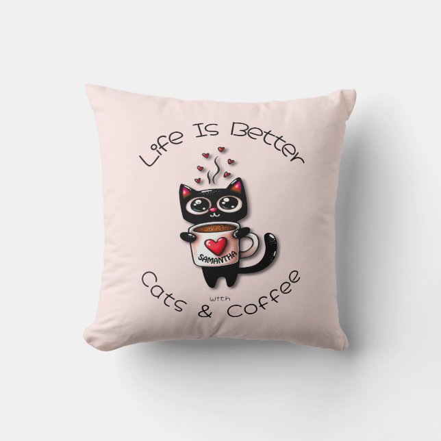 Life is Better with Cats and Coffee Cat Hearts Cushion (Front)