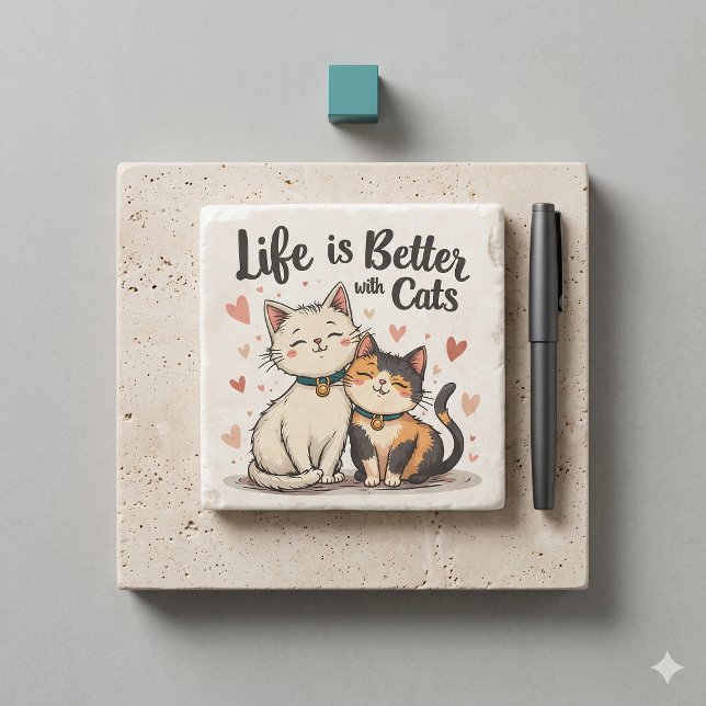 Life is Better with Cats Cute Cat Aesthetic Stone Coaster (Life is Better with Cats Cute Cat Aesthetic Stone Coaster)
