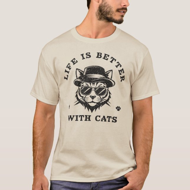 Life Is Better With Cats Funny Minimalist T-Shirt (Front)