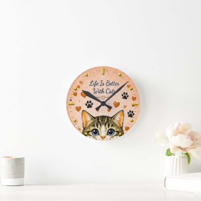 Life Is Better With Cats Wall Clock for Cat Lovers (Home)