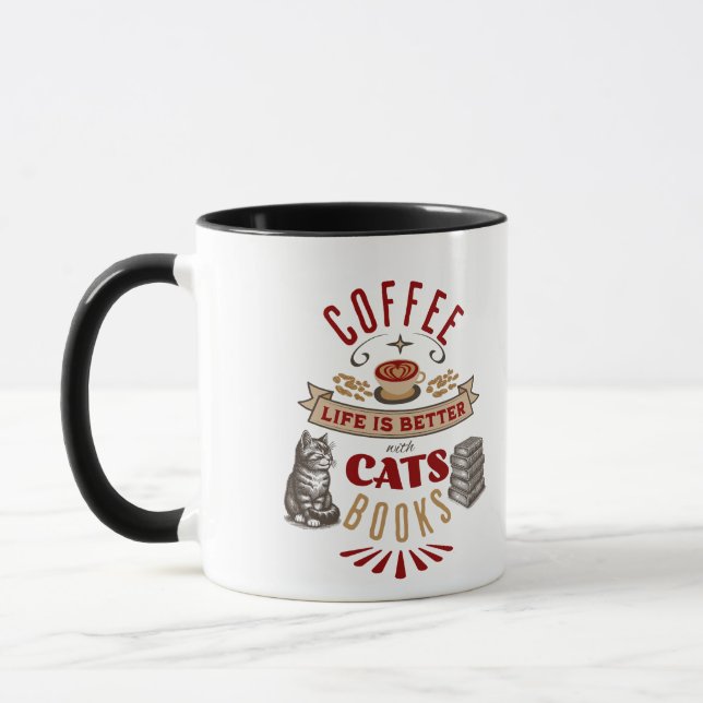 Life is Better with Coffee, Cats, and Books Mug (Left)