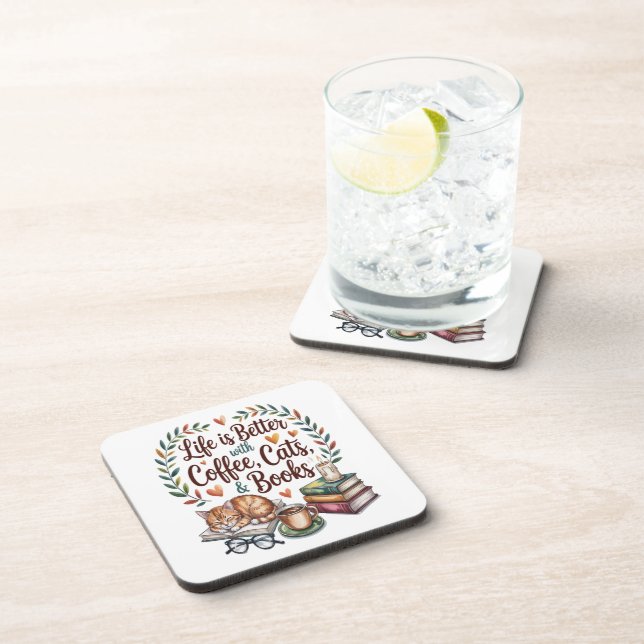 Life Is Better with Coffee Cats Books Coaster (Right Side)