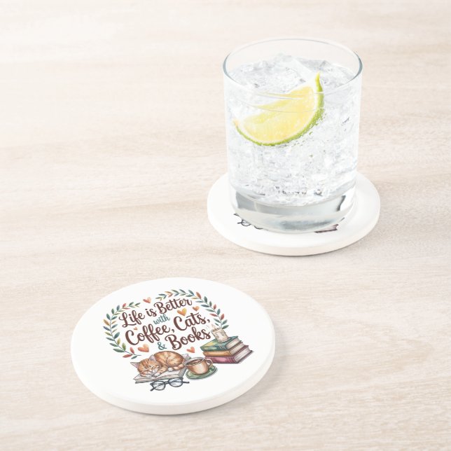 Life Is Better with Coffee Cats Books Coaster (Side)
