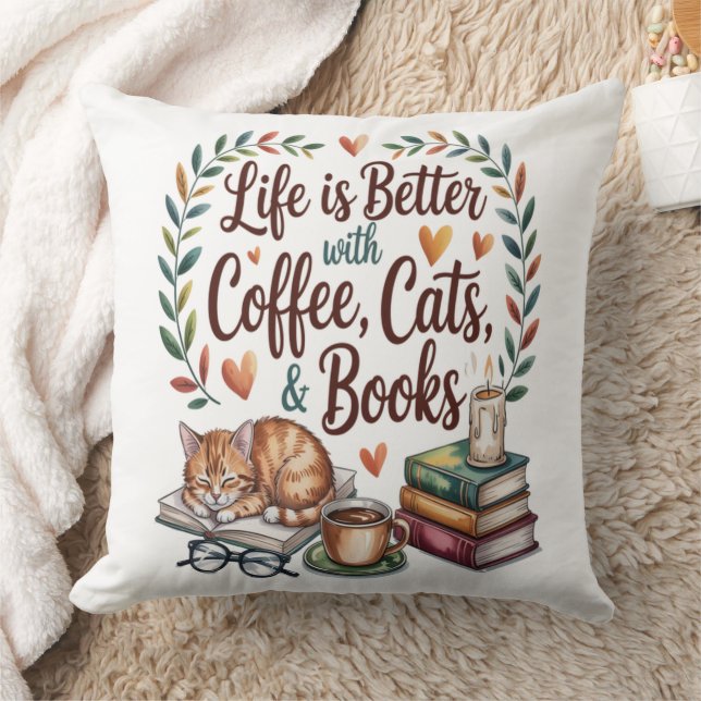 Life Is Better with Coffee Cats Books Cushion (Blanket)