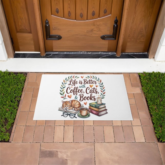Life Is Better with Coffee Cats Books Doormat (Outdoor)