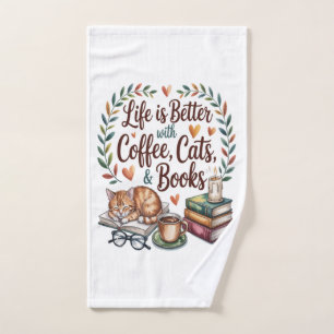 Life Is Better with Coffee Cats Books Hand Towel