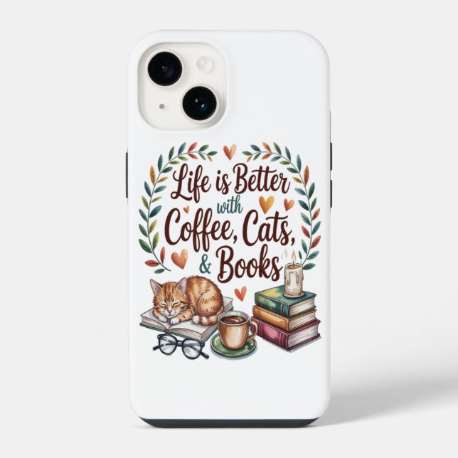 Life Is Better with Coffee Cats Books iPhone Case (Back)