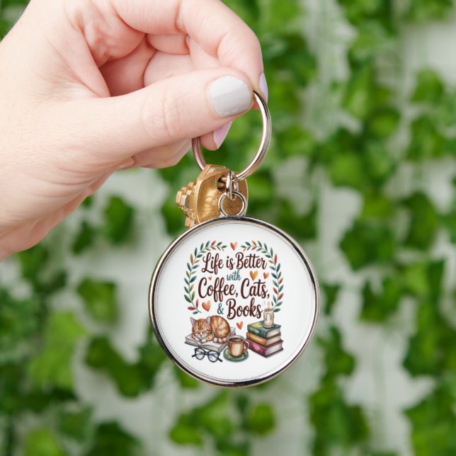 Life Is Better with Coffee Cats Books Key Ring (Hand)