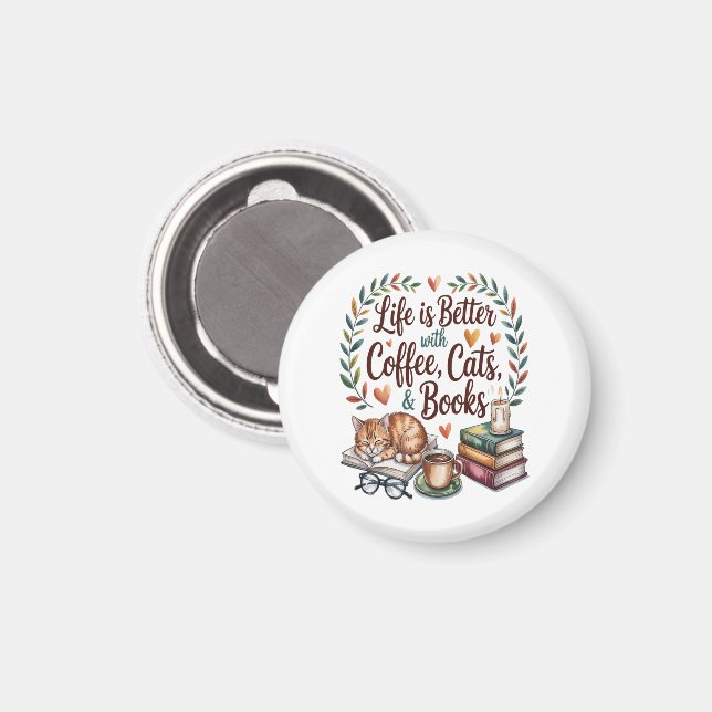 Life Is Better with Coffee Cats Books Magnet (Front/Back)
