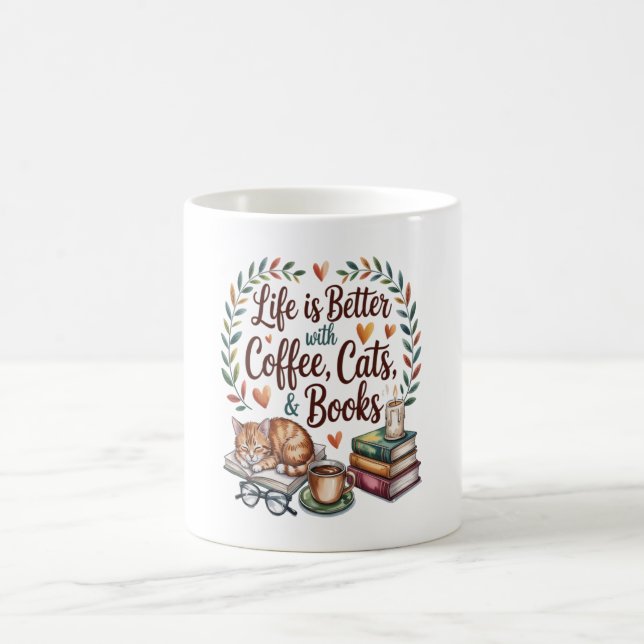 Life Is Better with Coffee Cats Books Mug (Center)