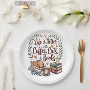 Life Is Better with Coffee Cats Books Paper Plate