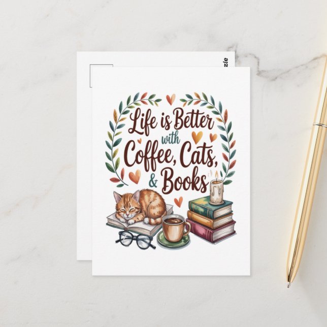 Life Is Better with Coffee Cats Books Postcard (Front/Back In Situ)