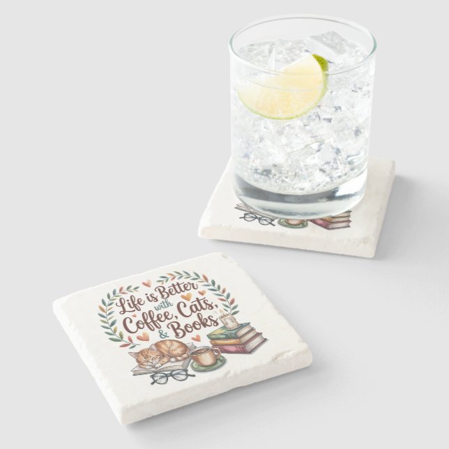 Life Is Better with Coffee Cats Books Stone Coaster (Side)