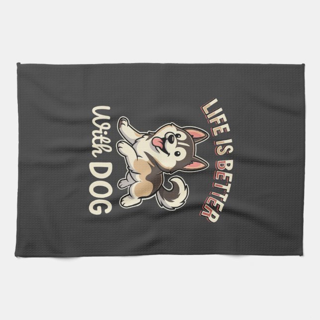 Life Is Better With Dog Cartoon Tea Towel (Horizontal)