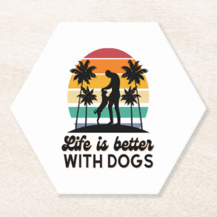 Life Is Better With Dogs Retro Sunset Man and Dog Paper Coaster