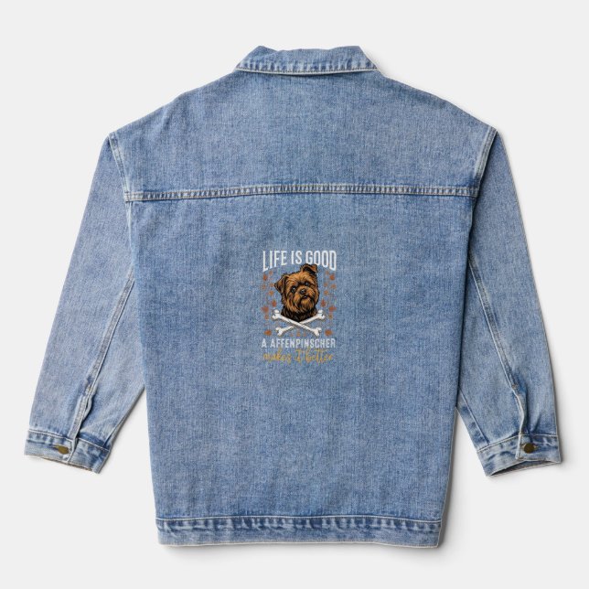 Life Is Good Affenpinscher Dog Crossed Bones Denim Jacket (Back)