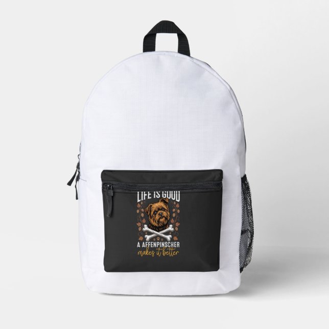 Life Is Good Affenpinscher Dog Crossed Bones Printed Backpack (Front)