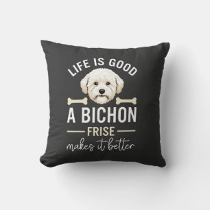 Life Is Good Bichon Frise Dog Bones White Fur Cushion
