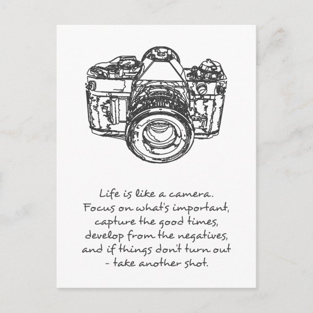 Life is like a camera quote, black and white postcard (Front)