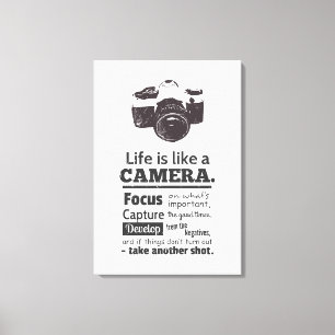 Life is like a camera quote, Black Grunge Canvas Print