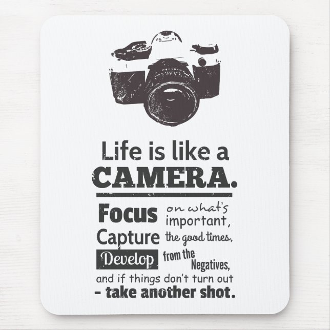 Life is like a camera quote, Black Grunge Mouse Pad (Front)