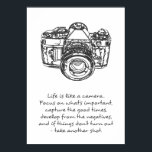 Life is like a camera quote poster<br><div class="desc">A black and white poster with a picture of a camera with an enlightening and motivating quote about life and how we should tune our perspective. "Life is like a camera. Focus on what’s important, capture the good times, develop from the negatives, and if things don’t turn out – take...</div>