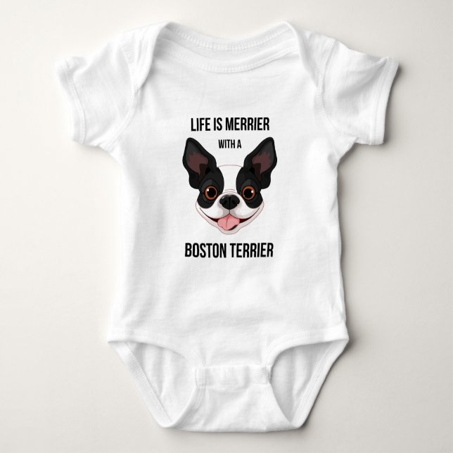 Life is Merrier with a Boston Terrier Baby Bodysuit (Front)