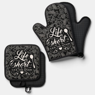 Life is Short Lick the Spoon Funny Black and White Oven Mitt & Pot Holder Set